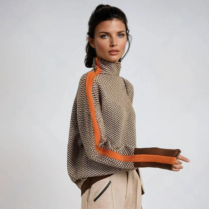 Women's high-neck sweater with contrast sleeve stripes, orange, front view