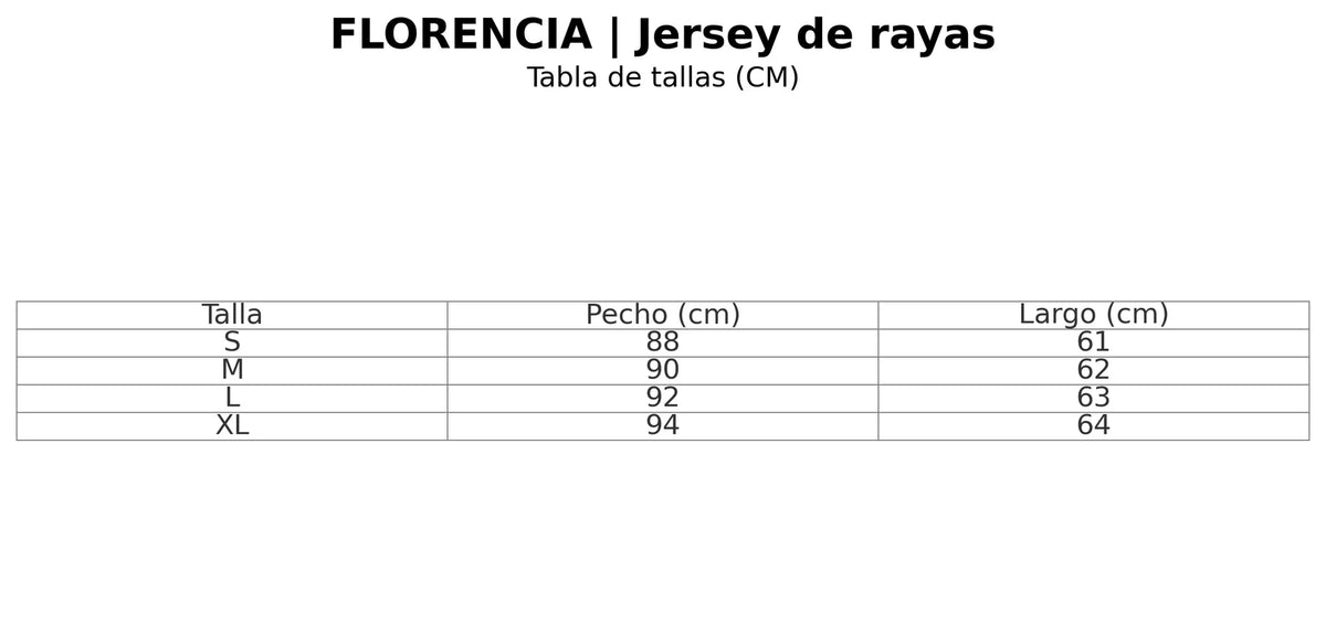 Size chart for the high-neck sweater with contrast sleeve stripes