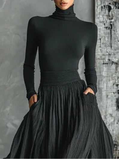 Women's high-neck top and pleated long skirt set, black, close-up of the high neck and waist