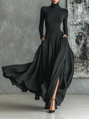 Women's high-neck top and pleated long skirt set, black, front view