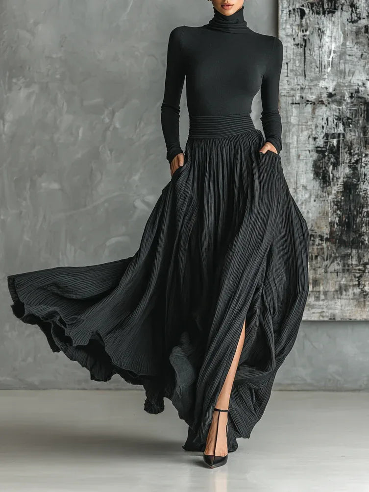 Women's high-neck top and pleated long skirt set, black, front view