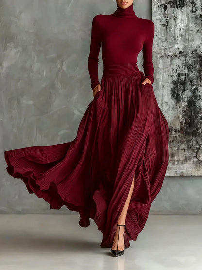 Women's high-neck top and pleated long skirt set, red, front view