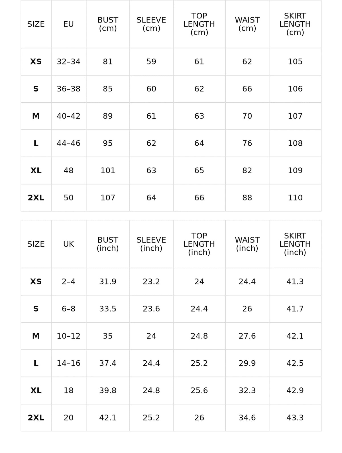 Size chart for the high-neck top and pleated long skirt set
