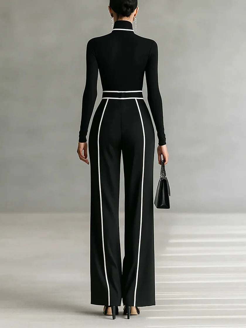 Women's high-neck top and wide-leg trousers set with contrast piping, black, back view
