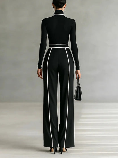 Women's high-neck top and wide-leg trousers set with contrast piping, black, back view