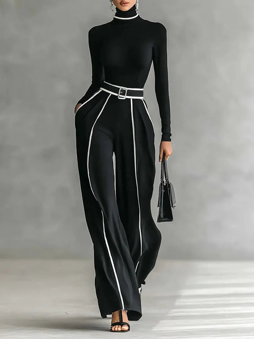 Women's high-neck top and wide-leg trousers set with contrast piping, black, front view