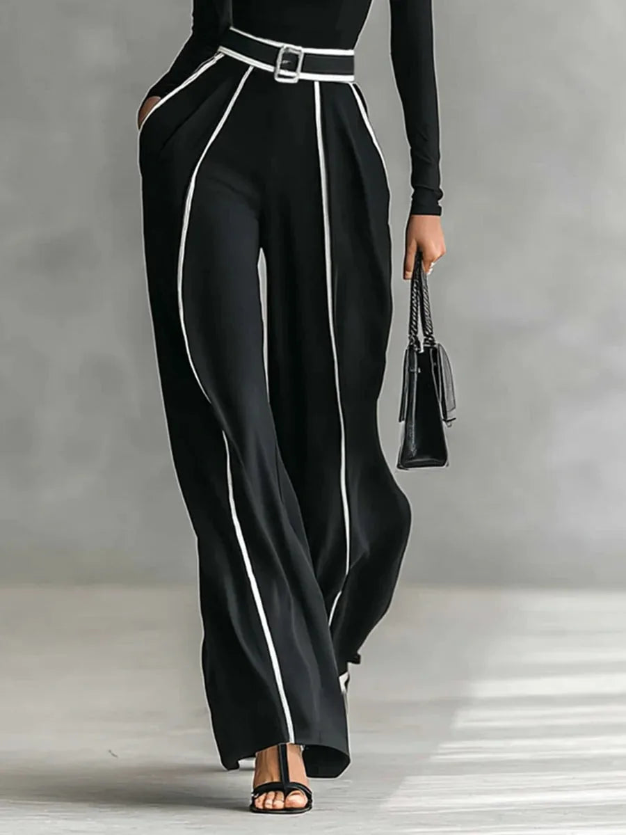 Women's high-neck top and wide-leg trousers set with contrast piping, black, side view