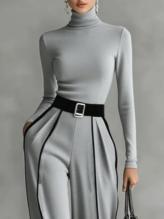 Women's high-neck top and wide-leg trousers set with contrast piping, grey, close-up of the belt and piping
