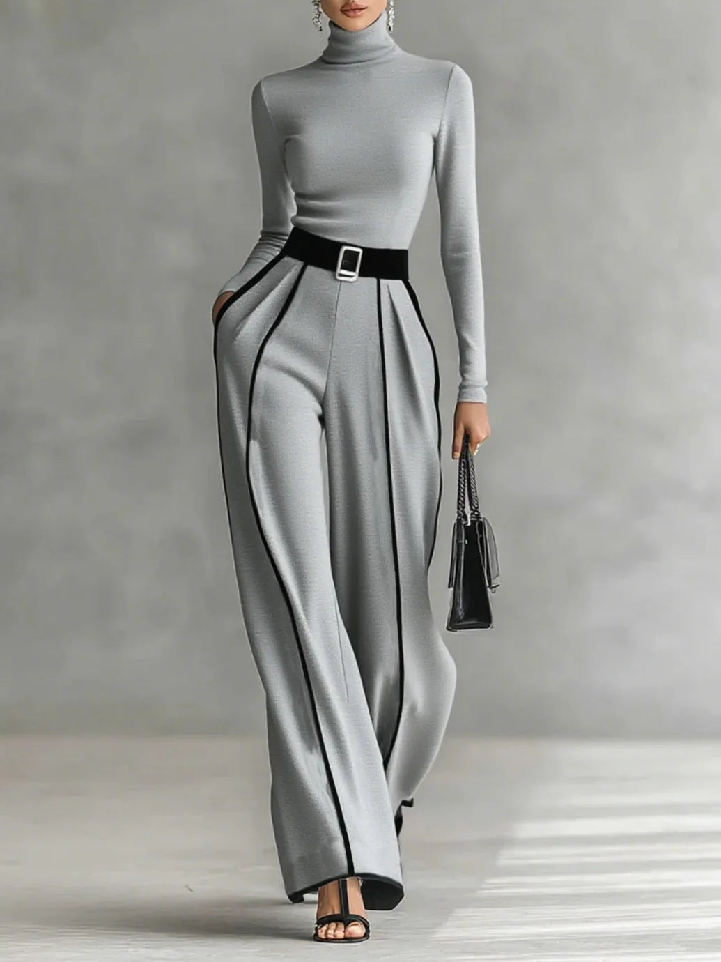 Women's high-neck top and wide-leg trousers set with contrast piping, grey, front view