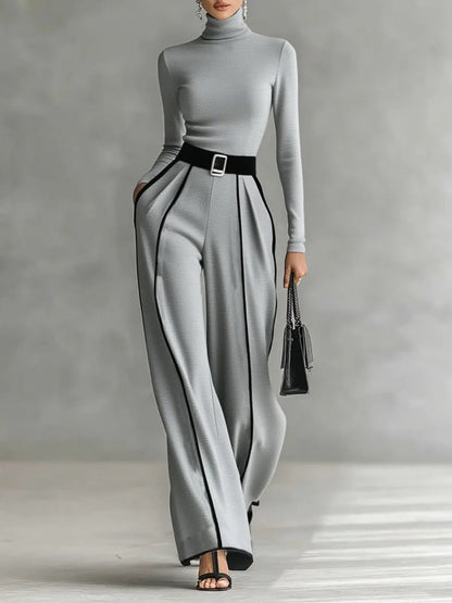 Women's high-neck top and wide-leg trousers set with contrast piping, grey, front view