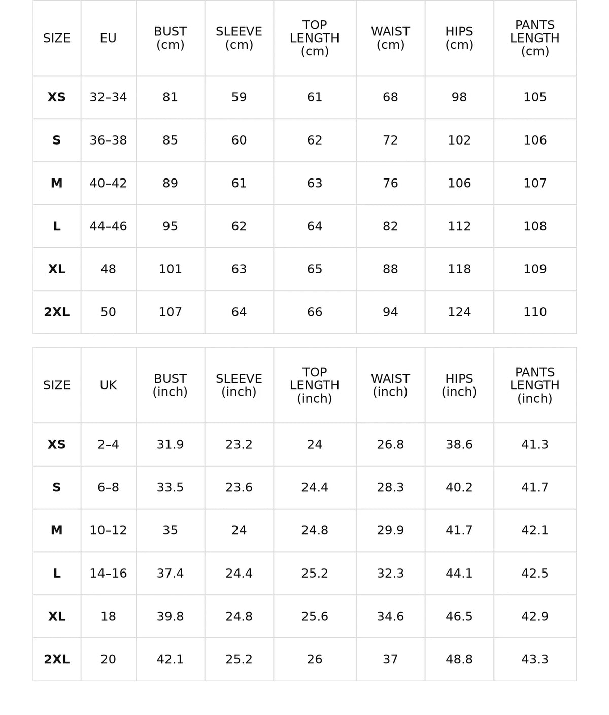 Size chart for the high-neck top and wide-leg trousers set with contrast piping
