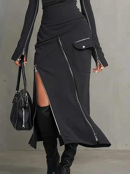 Women's high-neck top and zipper-slit skirt set, close-up of the zipper details and pocket