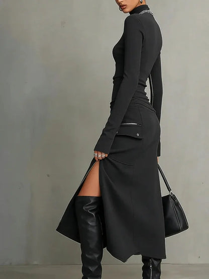 Women's high-neck top and zipper-slit skirt set, side view