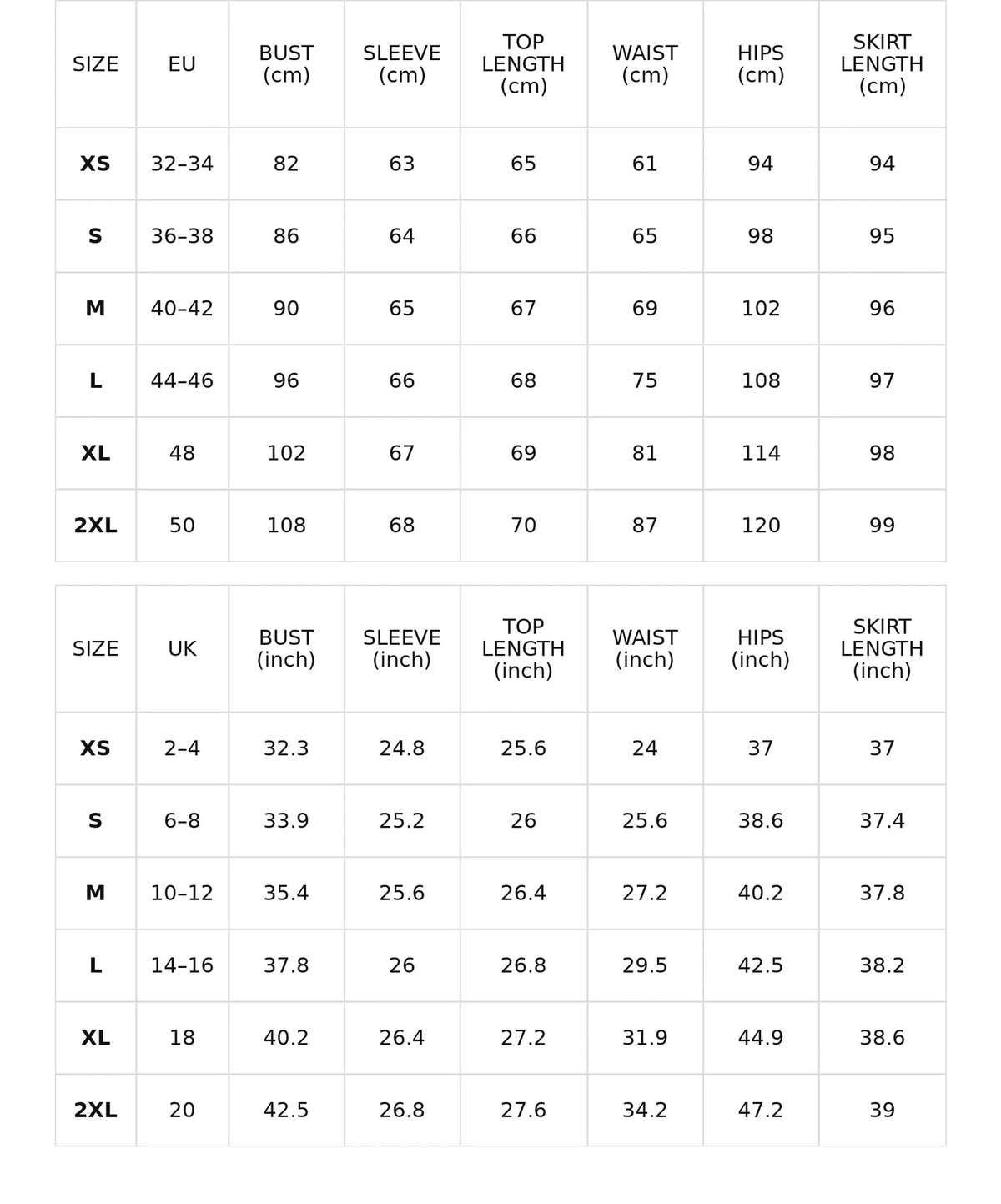 Size chart for the high-neck top and zipper-slit skirt set