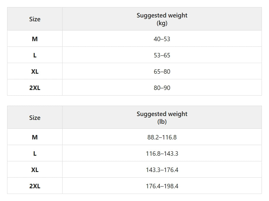 Size chart for high-waist seamless tummy control shapewear