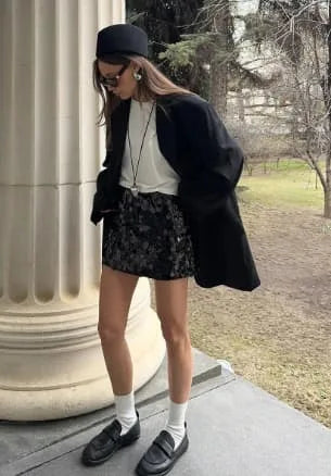 Women's high-waist sequin mini skirt, black, full-length styled look