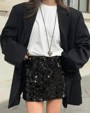 Women's high-waist sequin mini skirt, black, styled with an oversized blazer