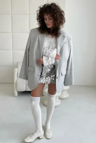 Women's high-waist sequin mini skirt, silver, styled with a grey blazer