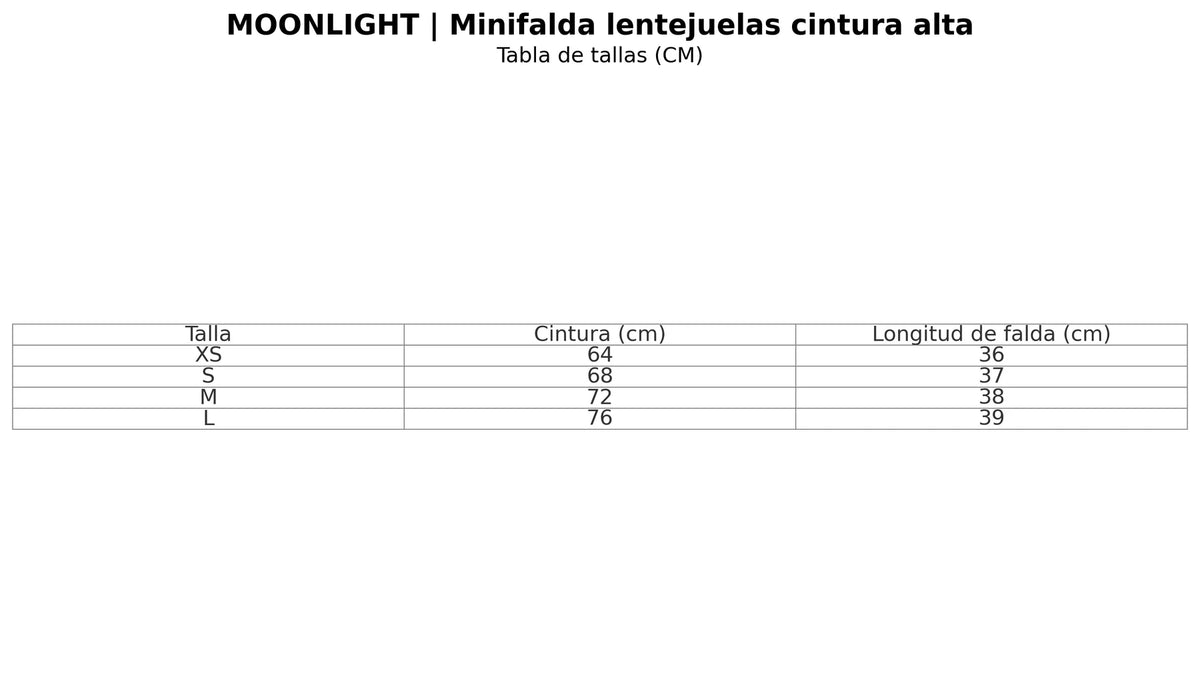 Size chart for the high-waist sequin mini skirt
