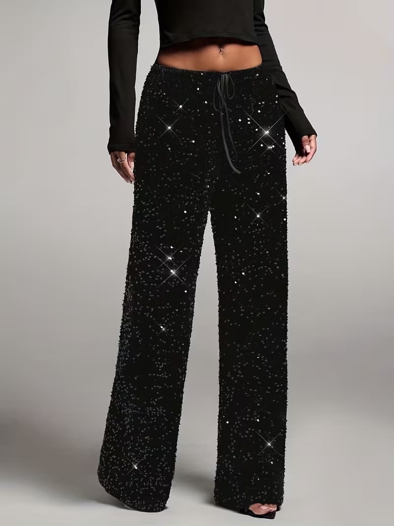 Black sequin wide-leg trousers, side view