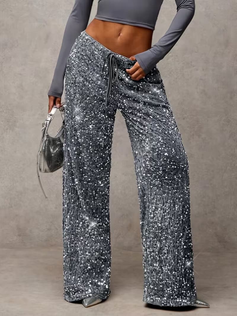 Sequin trousers with stretchy high waist, styled for a party