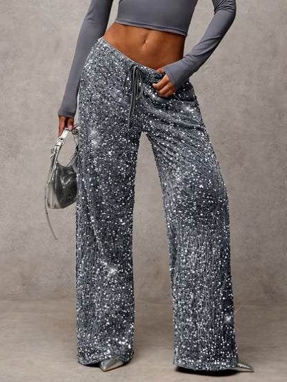Sequin trousers with stretchy high waist, styled for a party