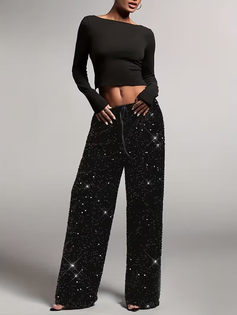 Sequin wide-leg trousers, full outfit