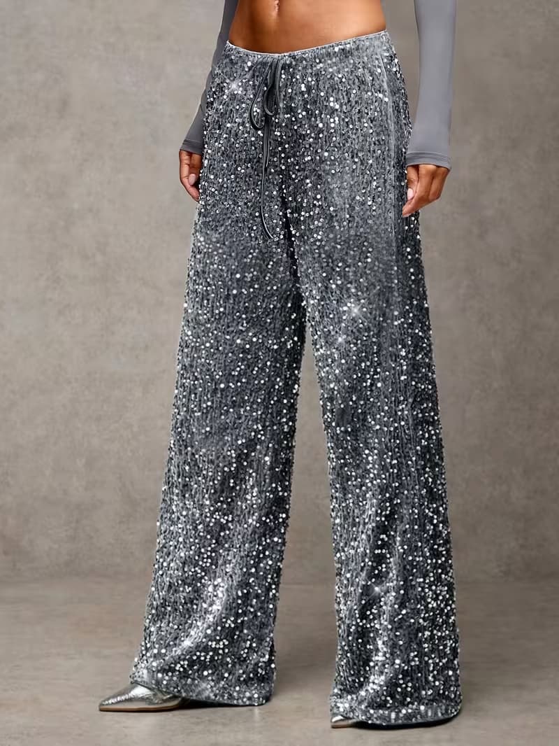 Sequin wide-leg trousers, full-length detail