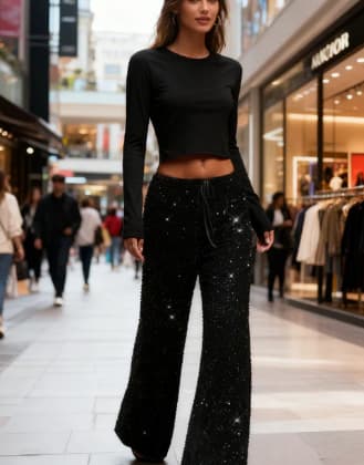 Black sequin wide-leg trousers colour option