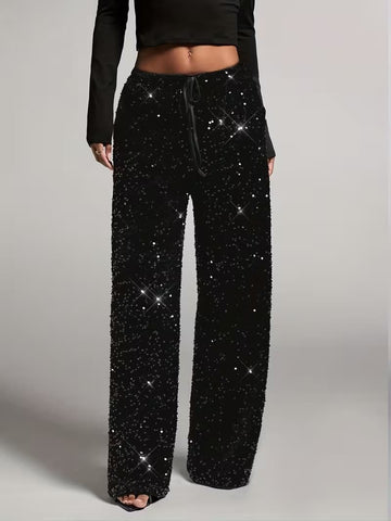 Women's high-waist black sequin wide-leg trousers, front view