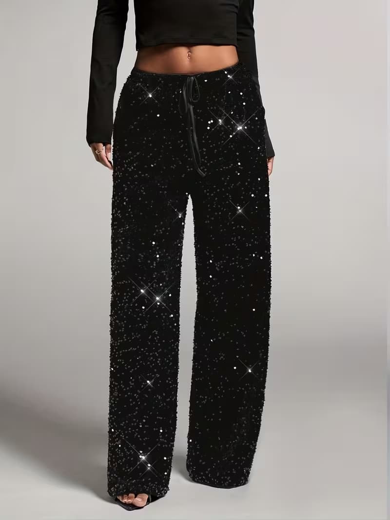 Women's high-waist black sequin wide-leg trousers, front view
