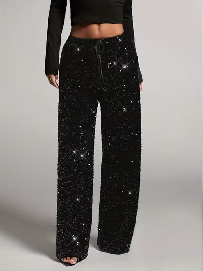 Women's high-waist black sequin wide-leg trousers, front view