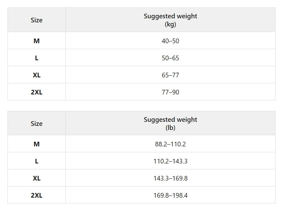 Size chart for high-waist shaping briefs with lumbar support
