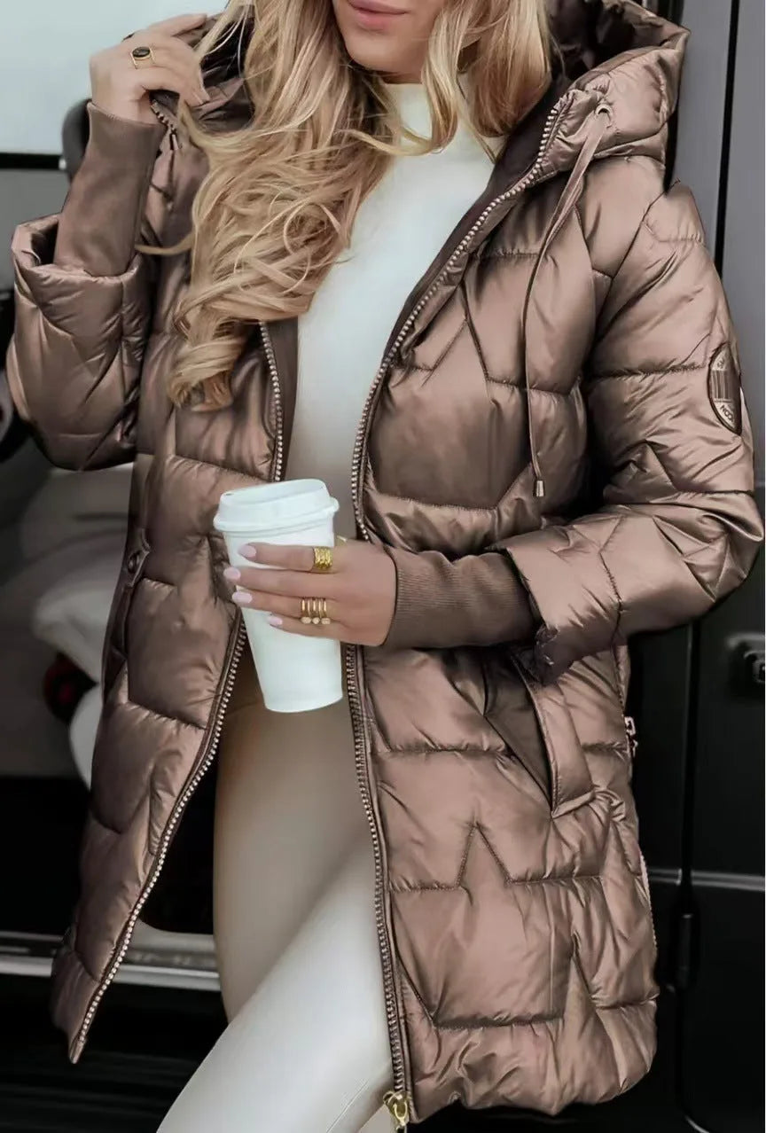 Women's hooded quilted puffer coat, bronze, close-up view