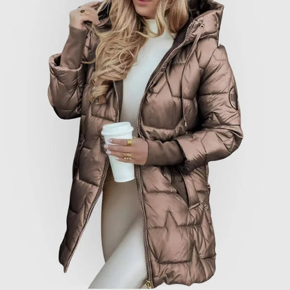 Women's hooded quilted puffer coat, bronze, front view