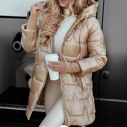 Women's hooded quilted puffer coat, champagne, front view
