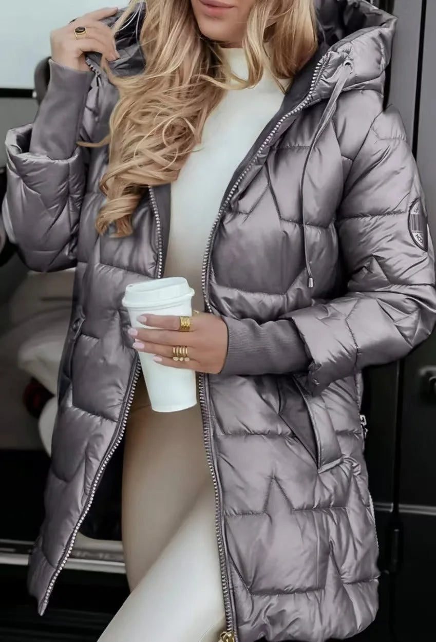 Women's hooded quilted puffer coat, grey, close-up view