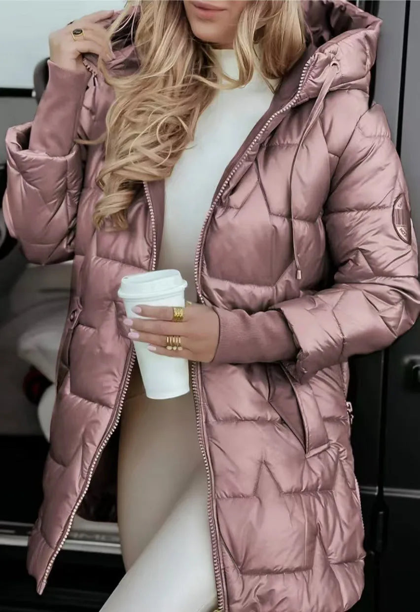 Women's hooded quilted puffer coat, pink, close-up view