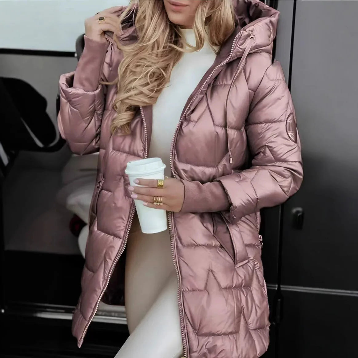 Women's hooded quilted puffer coat, pink, front view