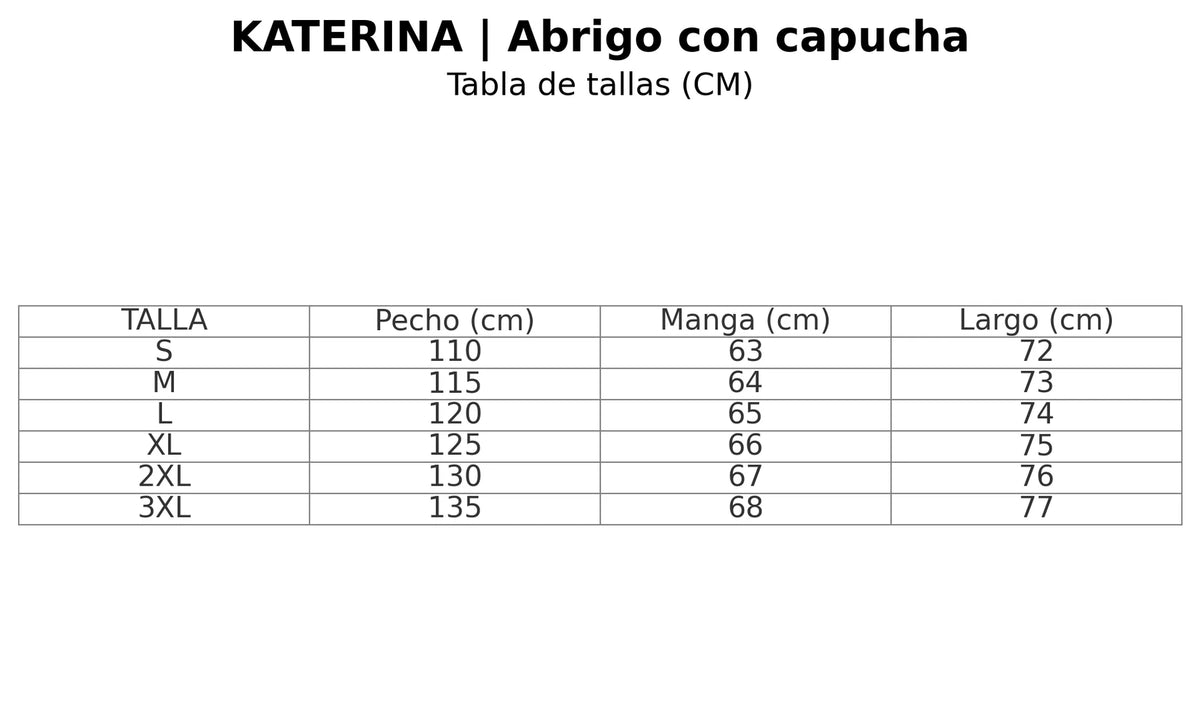 Size chart for the hooded quilted puffer coat with classic fit
