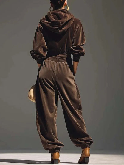 Women's hooded sweatshirt and baggy trousers set with belt, brown, back view with hood
