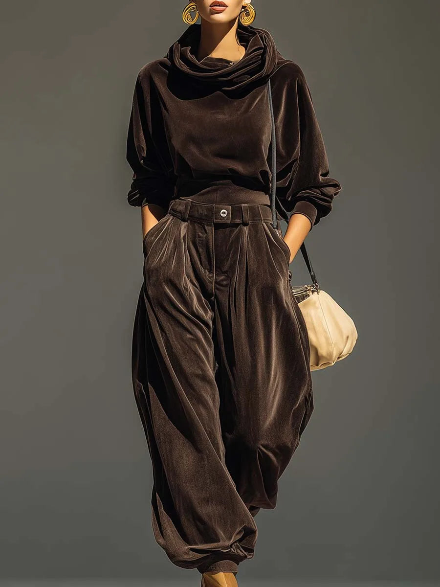 Women's hooded sweatshirt and baggy trousers set with belt, brown, front view