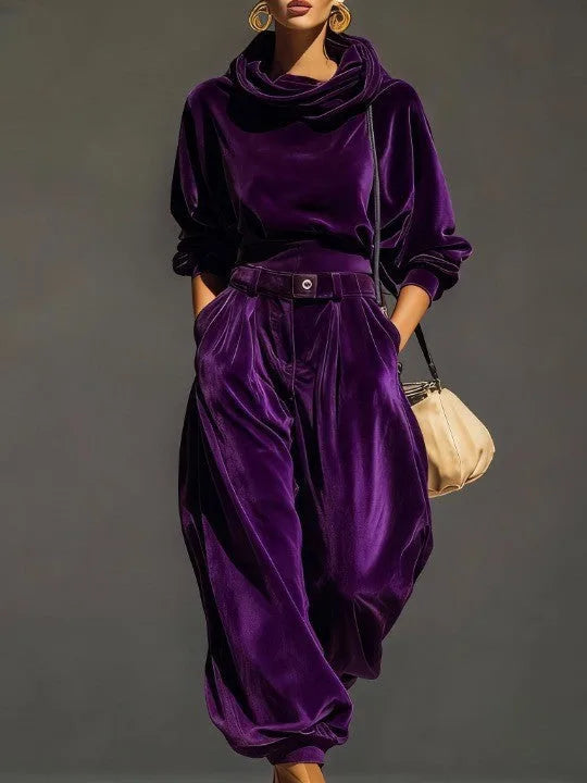 Women's hooded sweatshirt and baggy trousers set with belt, purple, front view