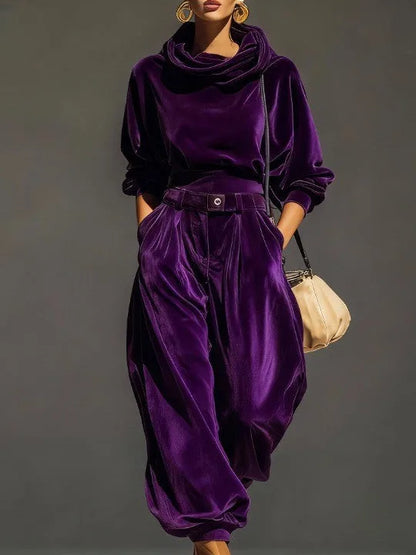 Women's hooded sweatshirt and baggy trousers set with belt, purple, front view
