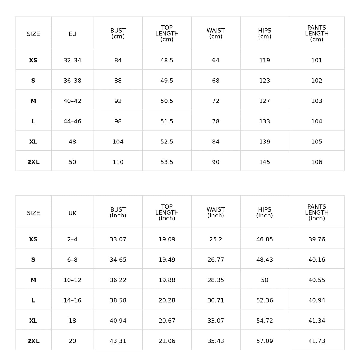 Size chart for the hooded sweatshirt and baggy trousers set with belt
