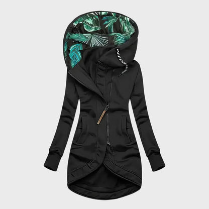 Women's hooded winter jacket with curved hem, black, front view