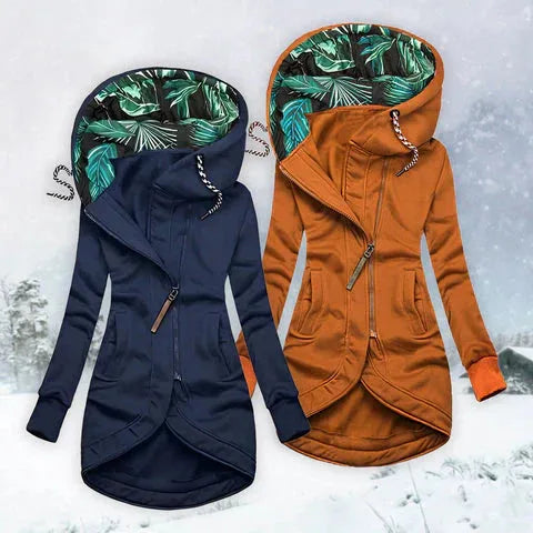 Women's hooded winter jacket with curved hem, blue and orange, front views
