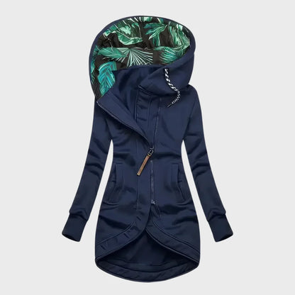 Women's hooded winter jacket with curved hem, blue, front view