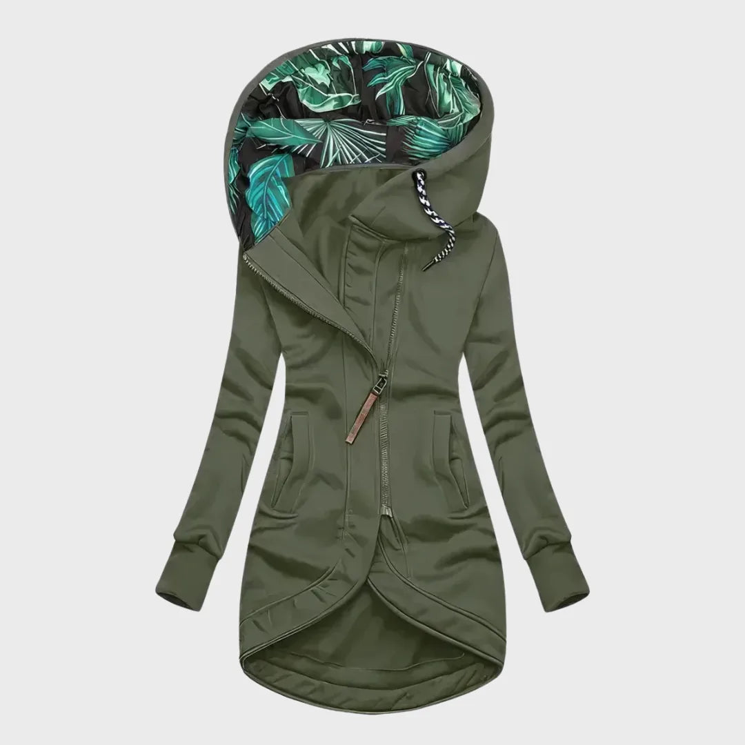 Women's hooded winter jacket with curved hem, green, front view