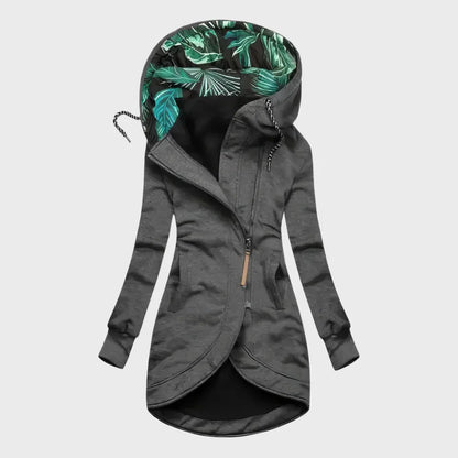 Women's hooded winter jacket with curved hem, grey, front view